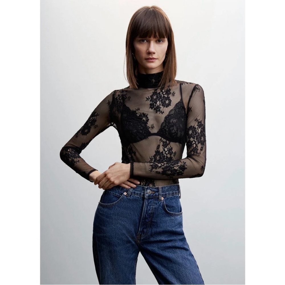 Mango Sheer Mesh Long Sleeve Top with Lace Details